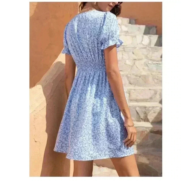 🆕Trendy Summer Blue Leaf Botton Trail A-Line Dress S🆕 - Picture 3 of 11